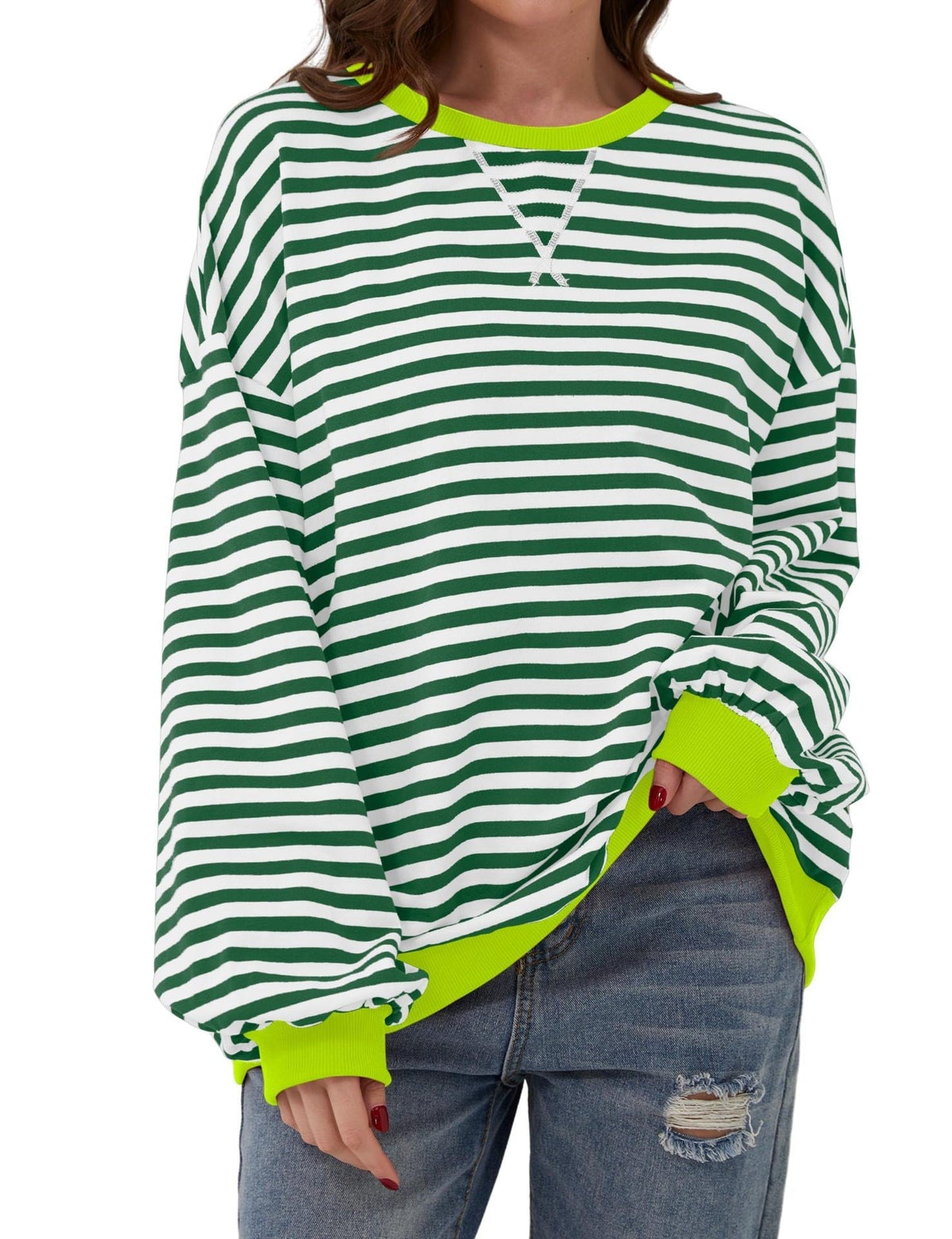 Gestreifter Damen-Oversize-Pullover mit Rundhalsausschnitt