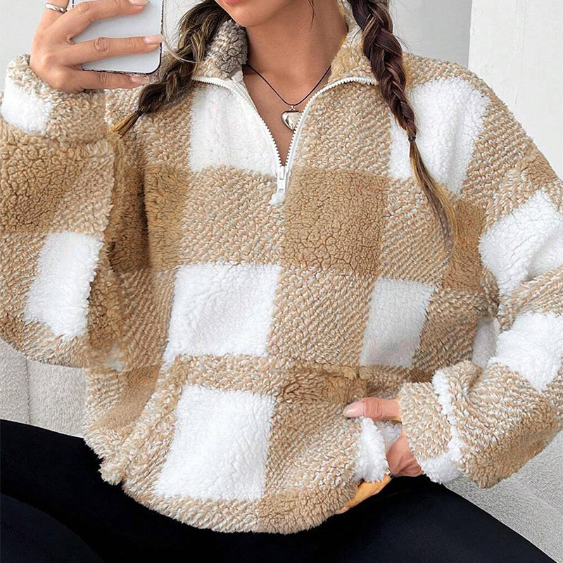 🛍️✨Weite karierte Patchwork-Sherpa-Jacke für Damen