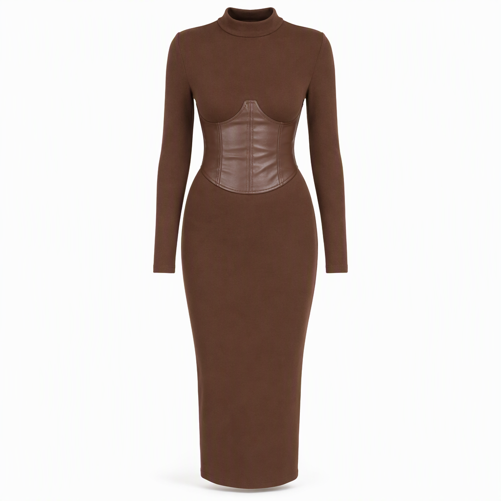 Damen-Midi-Strickkleid mit Taillenpartie in Lederoptik
