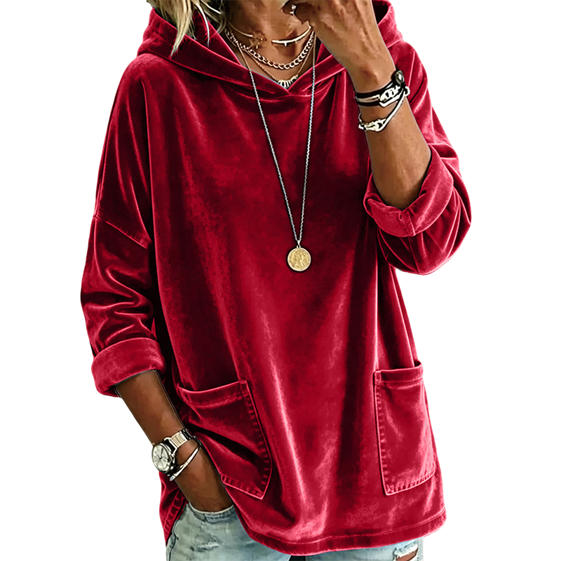Damen-Samt-Hoodie mit lockerer Passform und Taschen