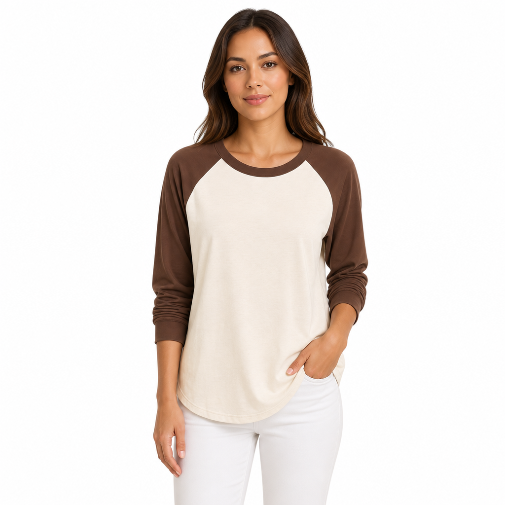 Damen Lockeres Casual Rundhals Langarm T-Shirt Farbblock Pullover Oberteil