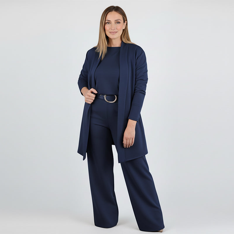 Damen-Set, 3-teilig – langer Cardigan, Oberteil & weite Hose