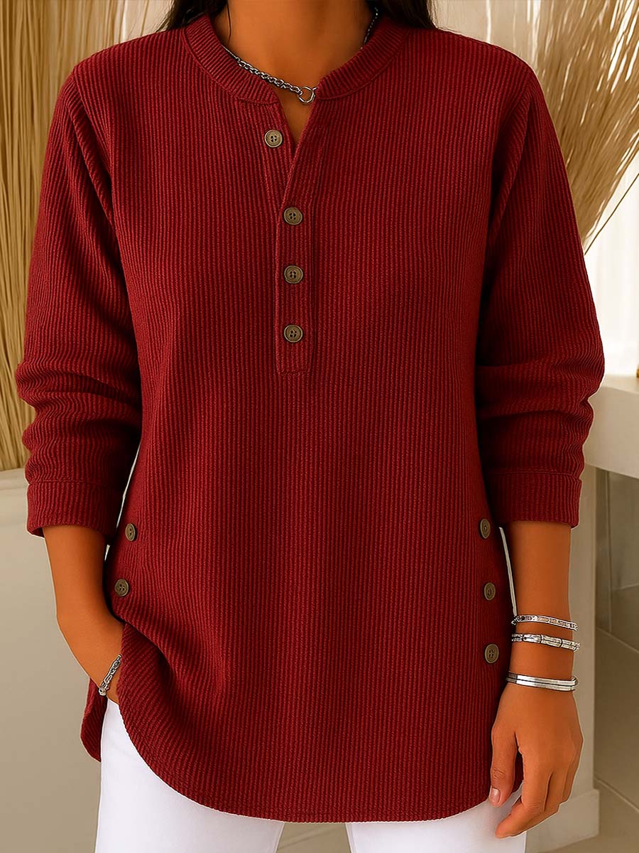 👔 🔥Damen Cordbluse mit Henley-Ausschnitt——Ihr Allrounder für jeden Anlass