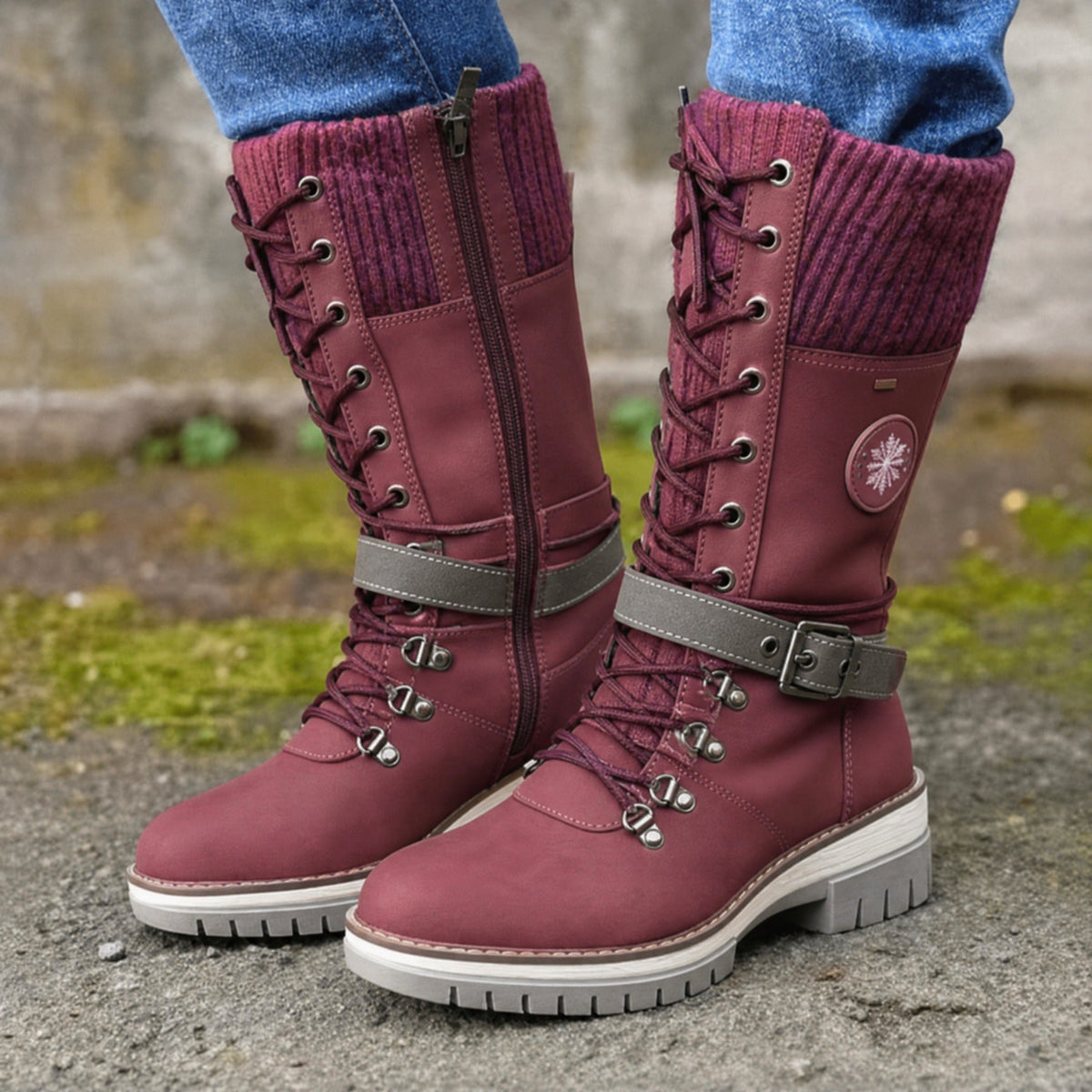 👢❄️Damen Schnürstiefel mit Strickbund und seitlichem Reißverschluss