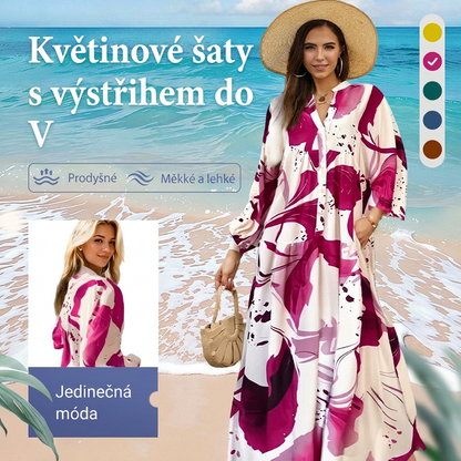 👗 50% SLEVA! 🌸 Dámské květinové maxi šaty s V‑výstřihem☀️