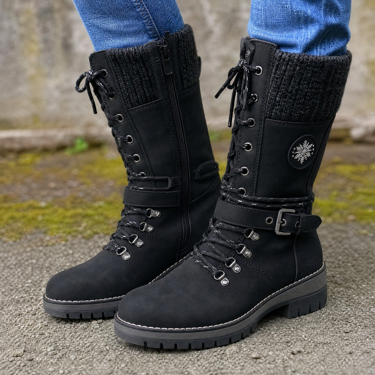 👢❄️Damen Schnürstiefel mit Strickbund und seitlichem Reißverschluss