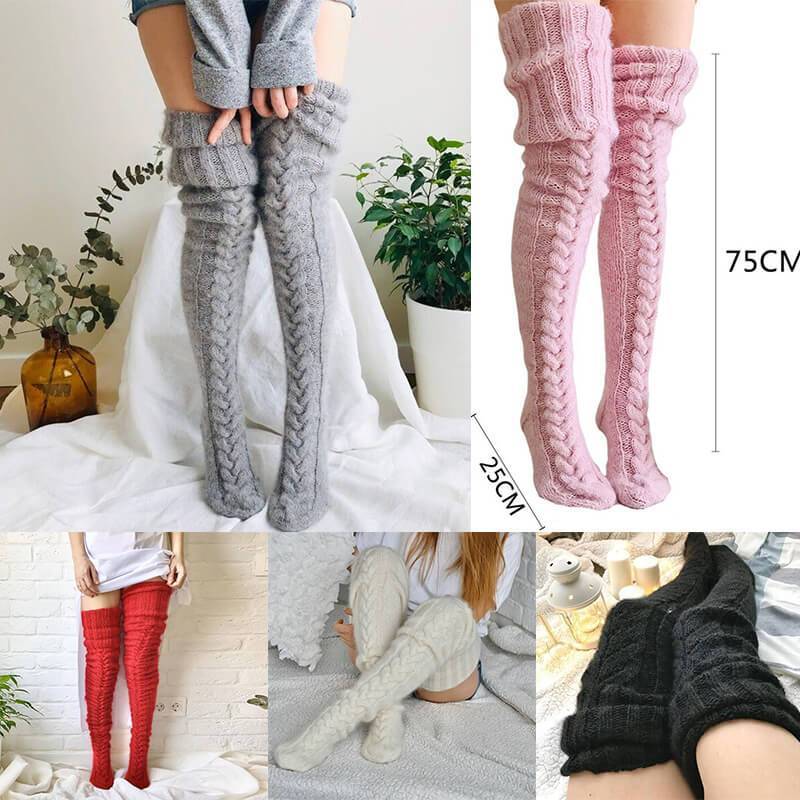Damen-Overknee-Strümpfe mit Zopfmuster