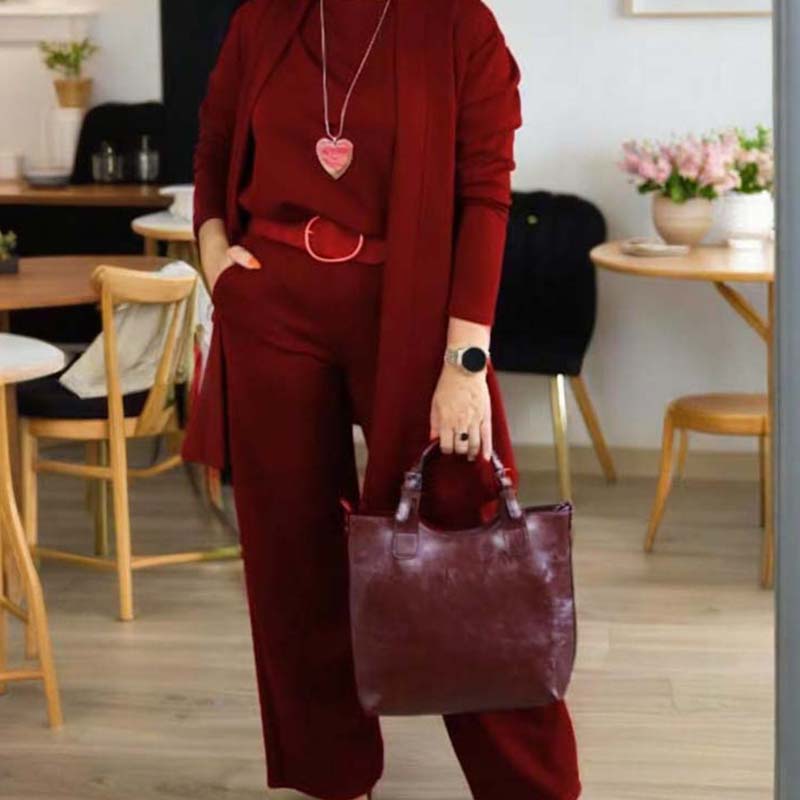 Damen-Set, 3-teilig – langer Cardigan, Oberteil & weite Hose