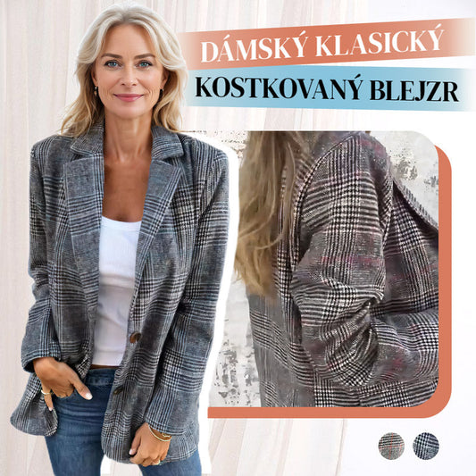 Podzimní malý dámský oblek s klopovým límcem a kostkovanými knoflíky