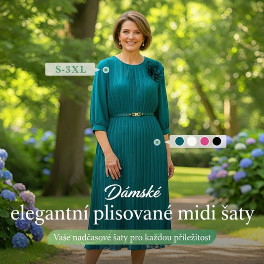 Dámské plisované midi šaty se 3/4 rukávy s páskem