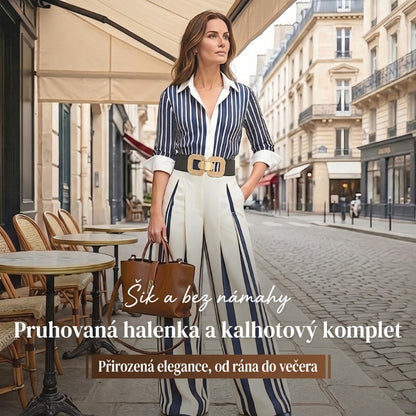 ⏳Časově omezená akce⏰Dámské pruhované tričko a kalhoty se širokými nohavicemi – dvoudílná sada