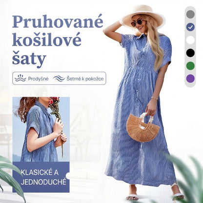 🎁Novinka se slevou 46%💥Pruhované košilové šaty s klopami a knoflíky | S praktickými kapsami