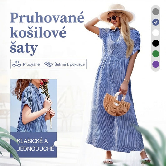 🎁Novinka se slevou 46%💥Pruhované košilové šaty s klopami a knoflíky | S praktickými kapsami