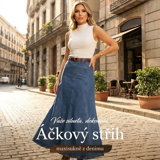 Dámská džínová maxi sukně s vysokým pasem a áčkovým střihem