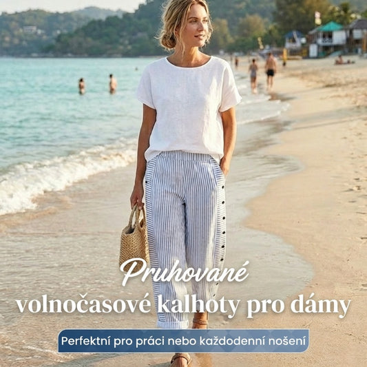 👖 Pruhované volnočasové kalhoty pro dámy – praktické boční kapsy, zeštíhlující střih a ideální na jarní dny 🌸