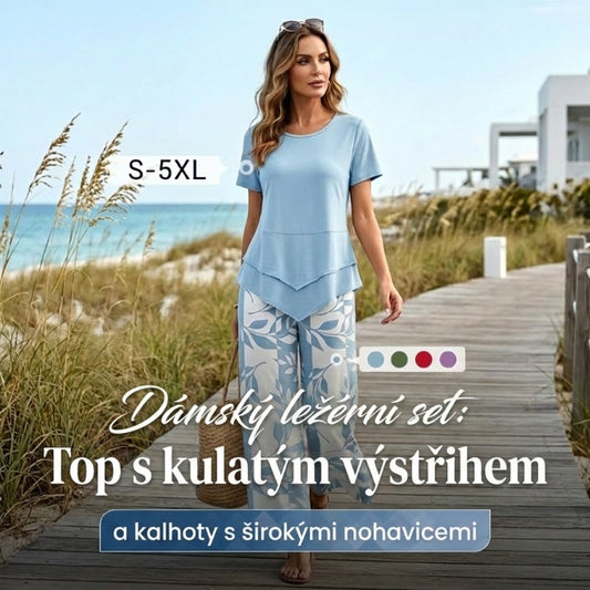 👗 Dámský 2-dílný set – asymetrický tunikový top a široké kalhoty z polyesteru
