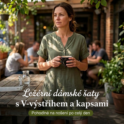 🍃Dámské volné šaty s V výstřihem, dřevěnými knoflíky a kapsami✨