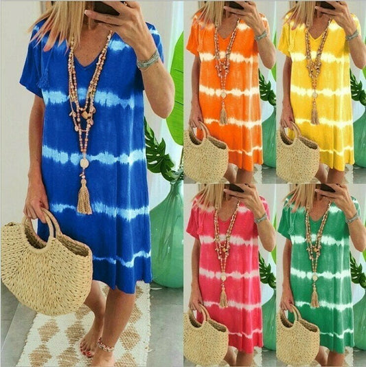 👗Tie-dye pruhované krátké rukávy volné tričkové šaty☁️