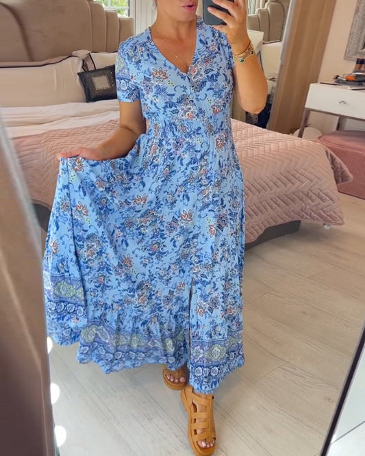 🌸✨ Dámské maxi šaty s květinovým vzorem a výstřihem do V – 6 barev | S–5XL | Střih do A | Ležérní | Jaro–léto