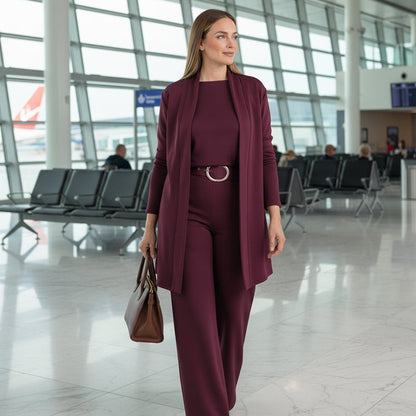 Damen-Set, 3-teilig – langer Cardigan, Oberteil & weite Hose
