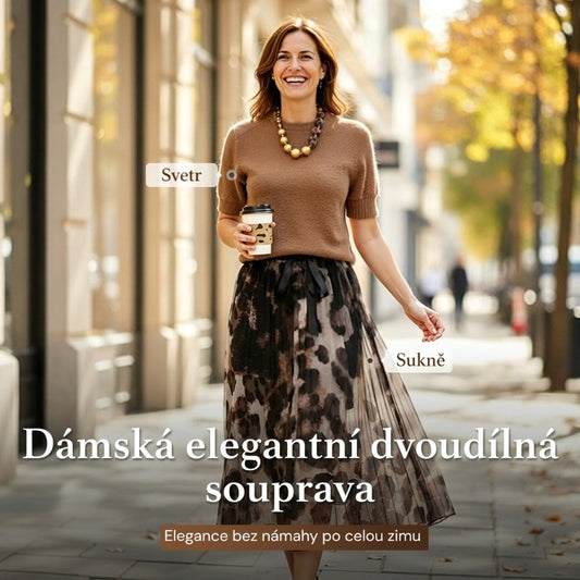 Dvoudílná sada dámského svetru a leopardí splývavé sukně