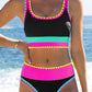 🔥🎁Novinka: 50% SLEVA🔥🌼 Třídílné sportovní bikiny z nylonu s barevnými bloky – vysoký pas se zeštíhlujícím efektem na břicho 👙
