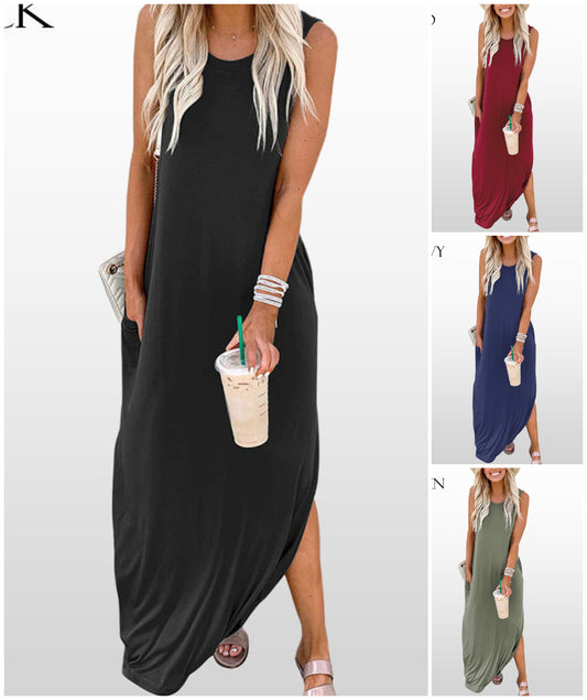 Dámské módní jednobarevné dlouhé šaty bez rukávů👗