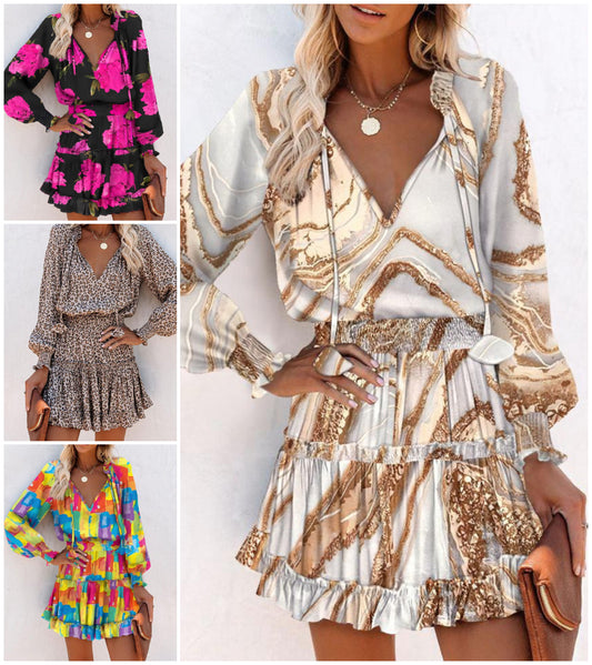 Módní šaty s výstřihem do V a volánky