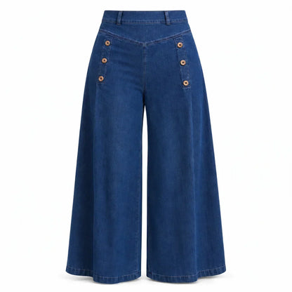 Damen-High-Waist-Wide-Leg-Jeans mit Stretch und Zierknöpfen