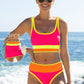 🔥🎁Novinka: 50% SLEVA🔥🌼 Třídílné sportovní bikiny z nylonu s barevnými bloky – vysoký pas se zeštíhlujícím efektem na břicho 👙