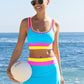 🔥🎁Novinka: 50% SLEVA🔥🌼 Třídílné sportovní bikiny z nylonu s barevnými bloky – vysoký pas se zeštíhlujícím efektem na břicho 👙