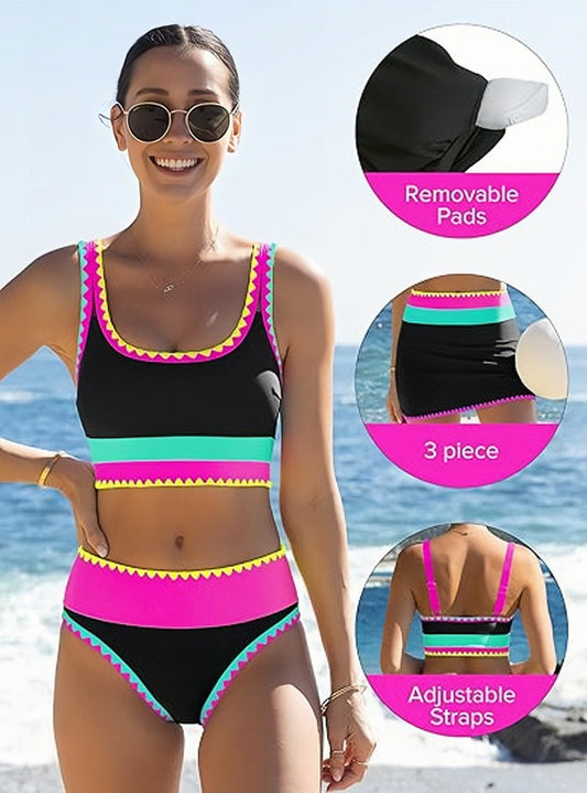 🔥🎁Novinka: 50% SLEVA🔥🌼 Třídílné sportovní bikiny z nylonu s barevnými bloky – vysoký pas se zeštíhlujícím efektem na břicho 👙
