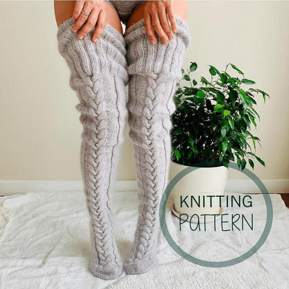 Damen-Overknee-Strümpfe mit Zopfmuster
