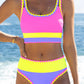 🔥🎁Novinka: 50% SLEVA🔥🌼 Třídílné sportovní bikiny z nylonu s barevnými bloky – vysoký pas se zeštíhlujícím efektem na břicho 👙