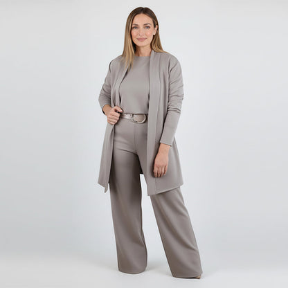 Damen-Set, 3-teilig – langer Cardigan, Oberteil & weite Hose