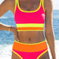 🔥🎁Novinka: 50% SLEVA🔥🌼 Třídílné sportovní bikiny z nylonu s barevnými bloky – vysoký pas se zeštíhlujícím efektem na břicho 👙