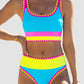 🔥🎁Novinka: 50% SLEVA🔥🌼 Třídílné sportovní bikiny z nylonu s barevnými bloky – vysoký pas se zeštíhlujícím efektem na břicho 👙
