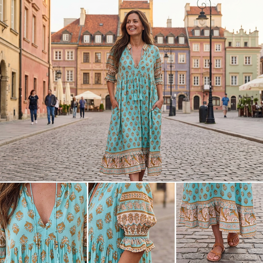 🍃Boho Květinové šaty s V-výstřihem a vysokým pasem | A‑silueta | Lehké prodyšné | S–3XL