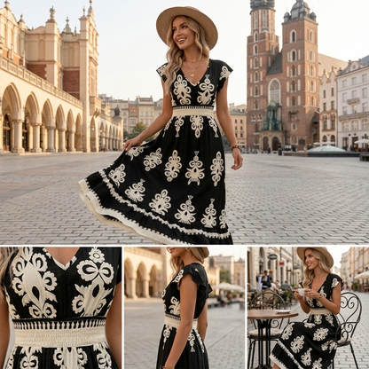 🔥Dámské maxi šaty s barokním potiskem | V-výstřih, S–XL🌷