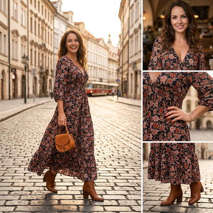 👗Výstřih do V, potištěné maxi šaty s 3/4 rukávy