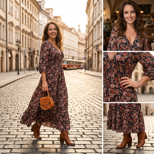 👗Výstřih do V, potištěné maxi šaty s 3/4 rukávy