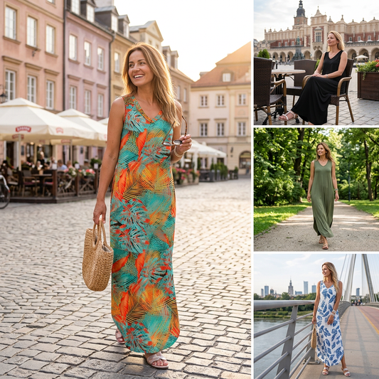 🌷Letní bezrukávové maxi šaty s V-výstřihem a kapsami | Dovolenkové plážové šaty | M–3XL