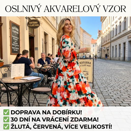 Dámské maxišaty s dlouhými rukávy a výstřihem do V v batikovaném provedení