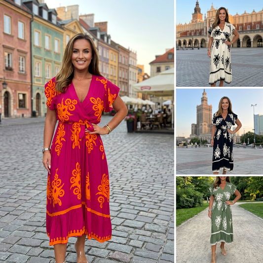 🎉Akční nabídka🎉Letní šaty s volánky na rukávech a vázaným výstřihem do V