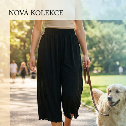 👖49% SLEVA! Strečové zkrácené kalhoty s volánkem, široké nohavice✨
