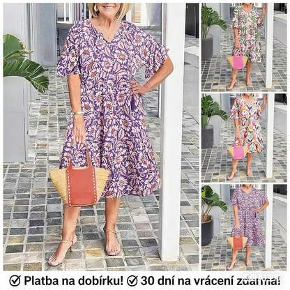 ✨Elegantní midi šaty s květinovým potiskem a V-výstřihem | Volné rukávy | Všestranné pro každou příležitost