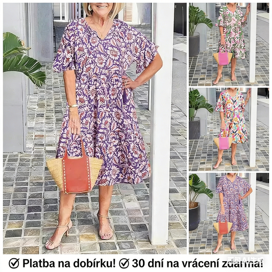 ✨Elegantní midi šaty s květinovým potiskem a V-výstřihem | Volné rukávy | Všestranné pro každou příležitost