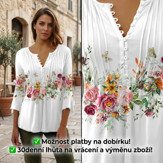 🔥【S–4XL】🌸 Blůza s knoflíky, výstřihem do V a květinovým vzorem, s volnými rukávy 👚