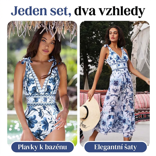 💥 Jednodílné plavky s výstřihem do V, šněrováním a potiskem a sukní