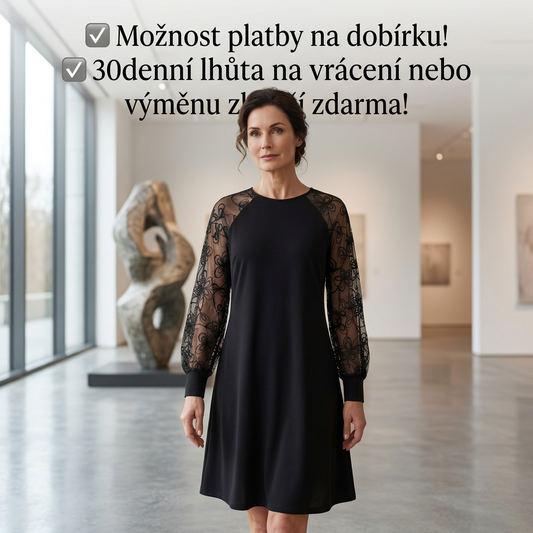 Krajkové patchworkové šaty s dlouhým rukávem a kulatým výstřihem
